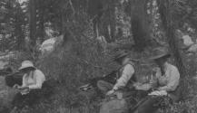 Nell Newhall, George Eastman and Eleanor Eastwood eating, High Sierras Trip