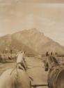 View of mountain from horse drawn wagon, Western Trip