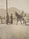 Couple beside horse drawn wagon, Western Trip