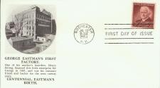 Envelope celebrating George Eastman's Centennial featuring an image of the Eastman Dry Plate & Film Company Office on State Street
