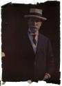 [Man with gray handlebar moustache and beard wearing straw hat]