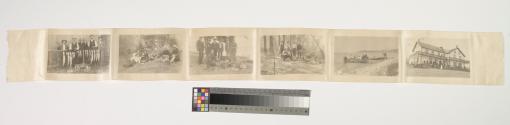 [Six snapshot photos of hunting and fishing trip printed on cloth strip]