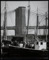 [Fishing vessels on South Street with the west tower of the Brooklyn Bridge in the background]