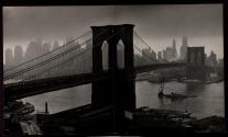 [Brooklyn Bridge at night, seen from the Brooklyn side]