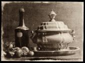 [Still life with wine bottle, onions, tureen]