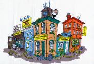 Cartoon depicting a chemist atop Exacerbated Chemical Co. building and its annexes