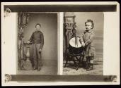 [Double portrait copies: carte-de-visite portrait of adolescent boy and Lewis Wickes Hine as boy, posed with drum]