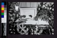 [Elderly woman laid out in coffin with long hair loose]