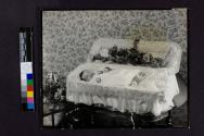 [Dark-haired baby laid out in coffin holding rose]