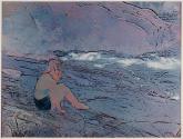 [Young woman seated on rocks]