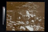 [Man riding donkey over rocky creek bed]