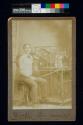 [Man posed with violin and "one-man-band" machine]