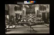 George Eastman's conservatory banked high with flowers set up for a musicale