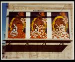 [Billboard, triptych, woman in bathing suit spilling out of a cornucopia of oranges]