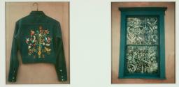 [Embroidered jacket and curtain covered window]