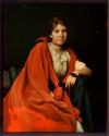 [Seated woman wearing red cape holding a rose]