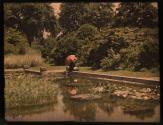 [Woman holding umbrella sitting near pond]