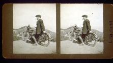 [Wally Clendenen on motorcycle at Vasquez Rocks, California]