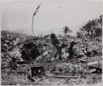 Hurling - Marines, assaulting Japanese entrenched in front of them on Saipan, hurl hand grenades at the enemy. One Leatherneck has just sent his missile on its way (upper center of the picture) and another draw back his arm for the throw.