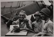 First Battle of the Philippine Sea - Lt. (j.g.) Alexander Vraciu, USNR, of Chicago, Illinois, signifies he shot down six Japanese planes in this battle, June, 1944.