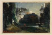 [Figures in a moonlit garden with fountain]