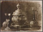 [Still life with painted glass items, knife and peach]
