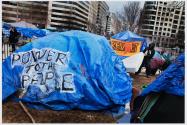 Washington, D.C., An Occupy D.C. protester removes bedding from his tent in an effort to pass a U.S. Park Police inspection.