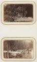 [Page 34: Wooden bridge over river / Wooden sleigh and woodpile]