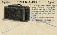 Bloomington Optical Co. advertisement for the Peek-A-Boo Magazine Camera