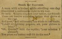 Joke in newspaper featuring a rattlesnake & "you press my button and I'll do the rest"