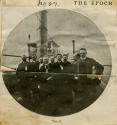 Reproduced snapshot from unidentified magazine of men aboard steam ship
