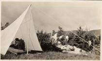 Camping companions near tents at campsite, Labrador Trip