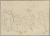 [Man using camera under drop cloth surrounded by children, adults looking on]