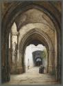 [Two figures (monks) in covered passageway]