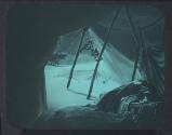 [Inside of tent with snow outside]