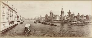 [Panoramic view, the Seine, Pont Alexandre III and Garnier's "Histoire de  l'Habitation Humaine" exhibit at the Paris World's Fair]