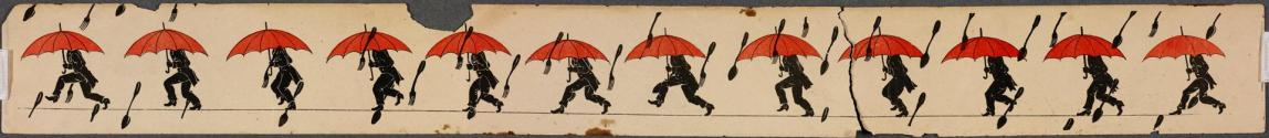 [Man with umbrella sheltering from raining cutlery]