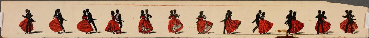 [Man wearing tails and woman wearing red dress dancing]