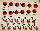 [Rotating black and red ball orbited by star; figure spinning smaller figure using feet]