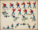 [Man bowling; man thrown from donkey and landing in water]