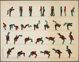 [Figure in red and green lifted over back of figure in black and blue; two men doing wheel somersaults together.]