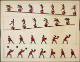 [Figure balancing on ball on slope; figure in Pierrot costume throwing and catching a ball]