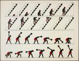[Man in red hat climbing stairs; man in red shorts spinning weighted ball]