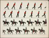[Figure in red shirt running; figure on trotting horse]