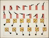 [Figure swinging on horizontal bar; clock with spinning hand and moving pendulum]