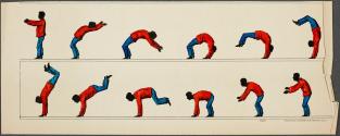 [Figure in red shirt and blue pants performs handspring]