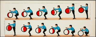 [Man spinning white and red circle]