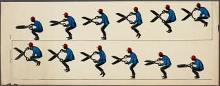 [Man with giant scissors jumping]