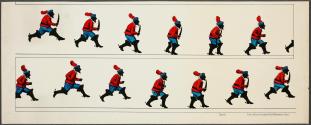 [Man in plumed hat and spurs running with dagger]