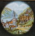 [Hot air balloon over mountain village]